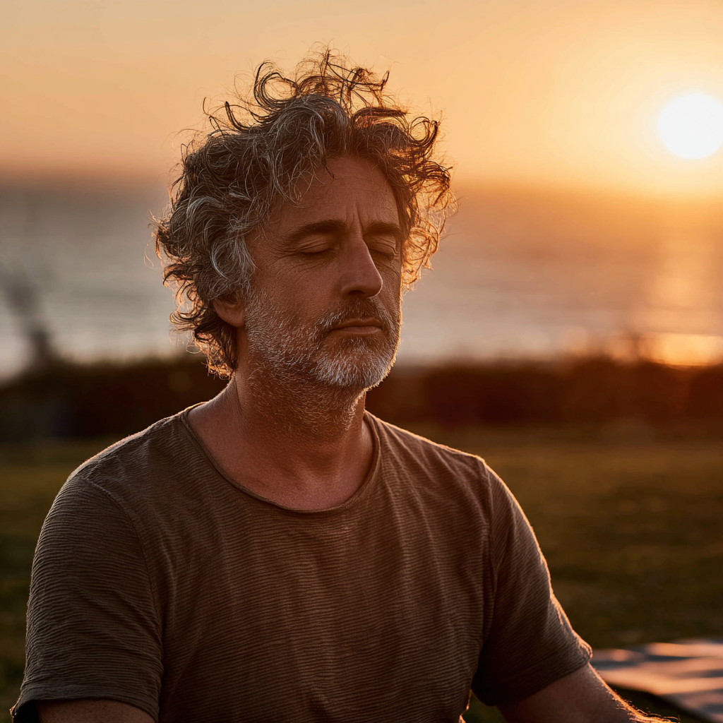 A man in his early 50s with salt-and-pepper hair sitting in a peaceful meditation pose on a yoga mat outdoors at sunrise, eyes closed with a calm expression, wearing a simple olive t-shirt