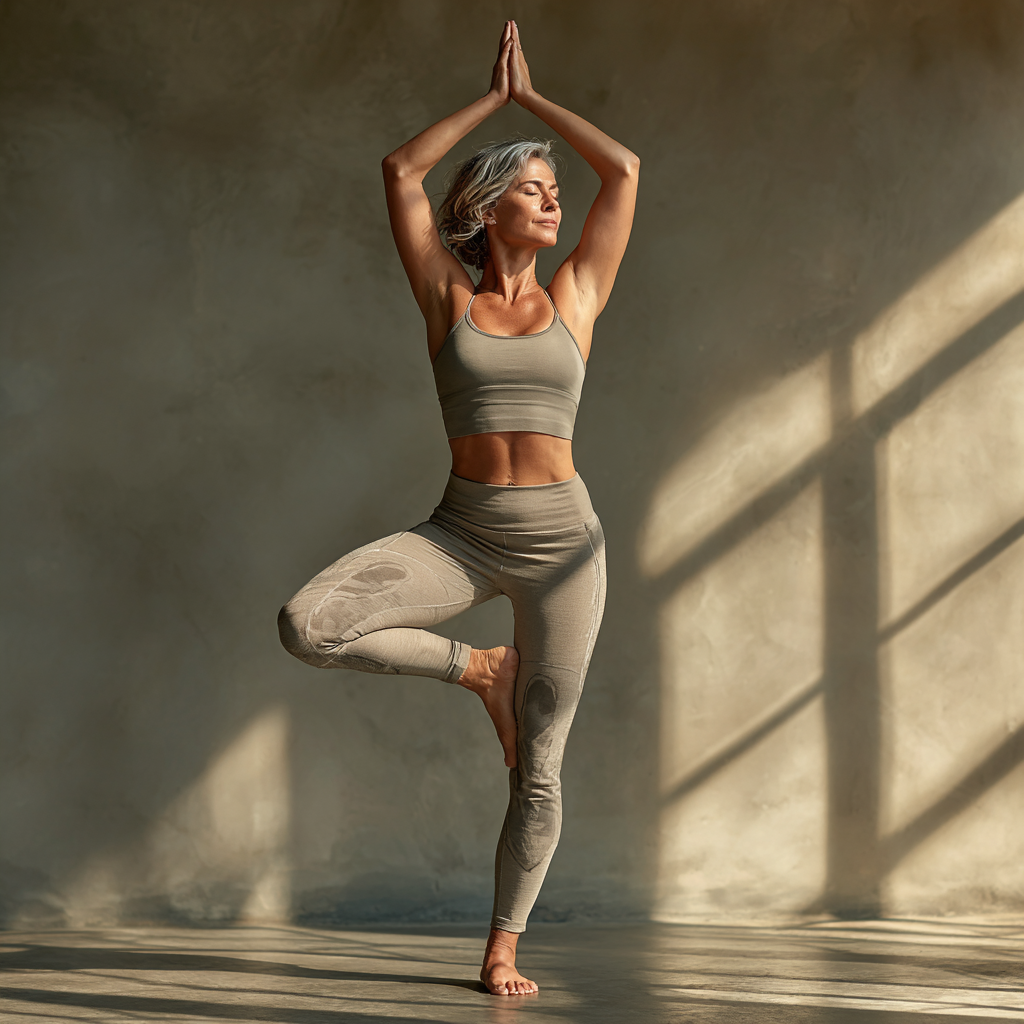 A woman in her late 40s with grey-streaked hair practicing a standing yoga pose in a sunlit studio, wearing comfortable sage-colored yoga attire, demonstrating balance and focus with a serene expression